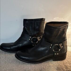 Black Leather Ankle Booties with Ring Harness